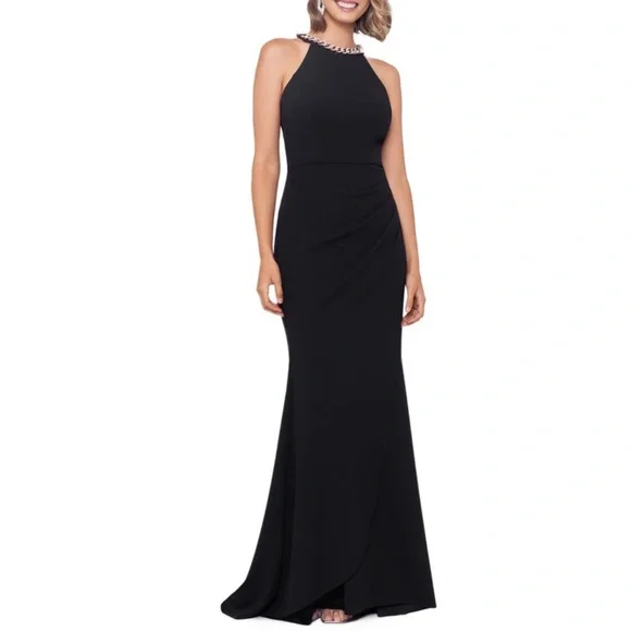 Xscape | Dresses | Xscape Embellished Halter Neck Trumpet Gown In Black Gold  Nwt | Poshmark